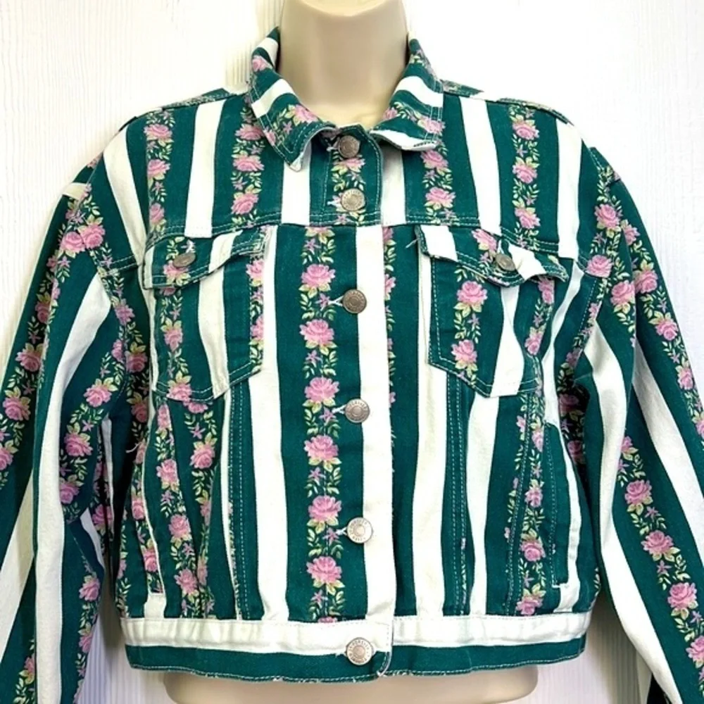 Forever 21 - Vintage Retro Stripe Floral Denim Crop Jacket Size Small